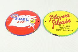 2x Enamel Advertising Plaques: Esso Fuel Oil & Player’s Please vs Tobacco (repro)