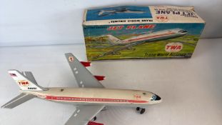 TWA Battery-Operated Tinplate Jet Plane Toy with Original Box