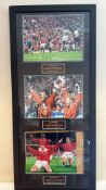 A framed football memorabilia montage of three photographic pictures documenting Manchester United’s