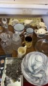 A group of cut-glass decanters, marbled glass bowl, fish bowl and assorted ceramic mugs and jug
