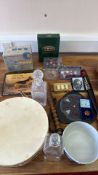 Group of mixed household and collectable items including cut-glass decanters and drum