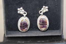 Boxed pair of silver & blue john mine earrings