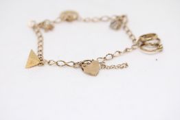 9ct Gold charm bracelet with 5 charms, heart shape