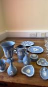 Group of Wedgwood blue Jasperware vases, plates and dishes