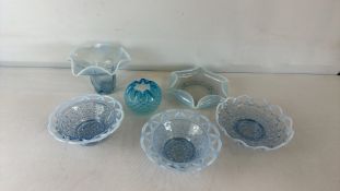 Group of Vaseline Glass Bowls and Vase