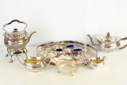 Group of silver-plated tea wares and oval gallery tray with cobalt-blue glass liners