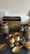 Group of brass and metal decorative items, including coal scuttle, vases and kettles
