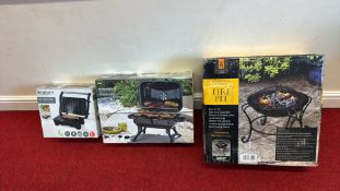 Group of boxed grills and Alfresco Living Boston fire pit