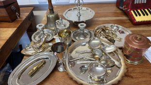 Group of silver-plated serving ware, flatware and a copper/brass lidded canister