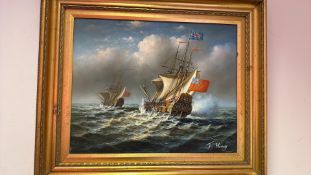 J. Haney, oil on canvas marine scene with sailing ships (59cm x 69.5cm inc frame)