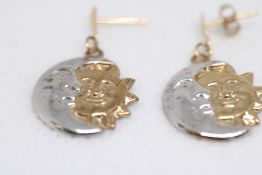 Pair of 9ct gold moon & sun earrings