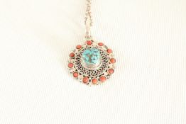 Silver chain & navajo silver pendant turquoise & c
