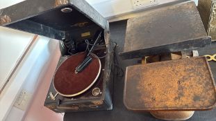 Vintage suitcase gramophone and W. & T. Avery 28lb iron scale