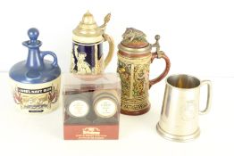 Group of breweriana including Lamb’s Navy Rum decanter, lidded steins, Old St Andrews miniature