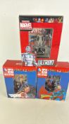 Boxed Marvel and DC comic-character figurines: Ultron, Wonder Woman and Superman