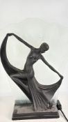 Art Deco-style spelter figural lamp with etched glass panel