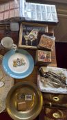 A group of mixed collectables including stamp and cigarette-card albums, postal scale, framed