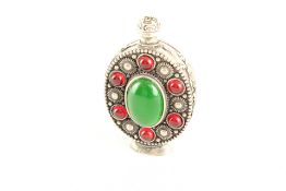Tibetan silver snuff bottle with green & red stone