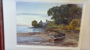 M. Jackson: coastal landscape with cottages and boat, watercolour, dated 1906 (37cm x 45cm including