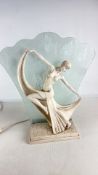 Art Deco style figural table lamp with etched peacock-feather glass screen