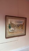 Framed watercolour and ink townscape with church spire (54.5cm x 63cm including frame)