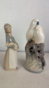 Nao by Lladro porcelain figure girl and Royal Copenhagen bird group