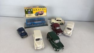 Group of die-cast model vehicles including Vanguards 1:64 and Shearings coach display model