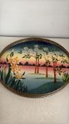 Reverse-painted glass tray with floral landscape decoration