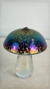 John Ditchfield iridescent crackle glass mushroom English labelled underside with silver frog