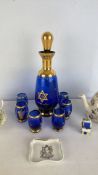 Cobalt blue and gilt glass Judaica decanter and tumblers, with Royal Albert and other ceramics