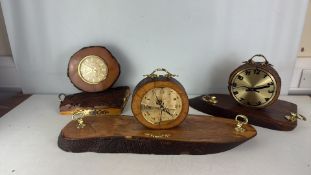 Group of three rustic slab-wood desk clocks, one Metamec, converted battery