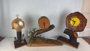 Group of Three Rustic Wood Clocks, converted to battery