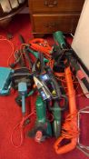 A quantity of electric garden power tools, including MAC Allister hedge trimmer and leaf blower