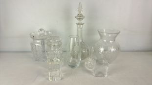 Collection of clear cut-glass and crystal tablewares, including a decanter and covered jar