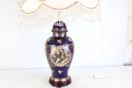 Cobalt-Ground Porcelain Table Lamp with Painted Oval Reserve