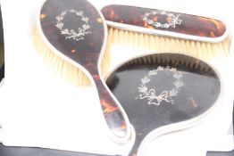 3x Piece dressing table set. Tortoise shell & silv