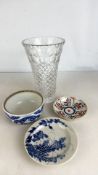 Cut crystal vase and assorted porcelain bowls, one