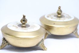 Pair of brass lidded pots inlaid with mother of pe
