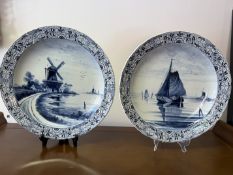 Pair of Royal Bonn 'Delft' chargers windmill & sail boat scenes. Diameter 39 cm