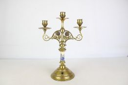 Late Victorian candleabra with blue & white ceramic panel, presentation - Claughton bowling club