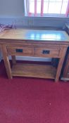 Oak two-drawer console table with undertier shelf