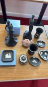 Three English black jasperwares: two Coalport Music and Dance figures and a Wedgwood trinket dish