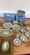 Wedgwood green jasperware group, impressed marks