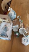Six mixed decorative items including ceramic dish, glass, and figurines