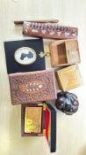 Group of Decorative Wooden Objects and Cased Gold-Foil £50 Note
