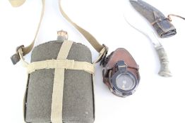 Group of Military Field Equipment: Canteen, Compass with Crow's Foot Dated 1938 and Kukri Knife