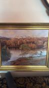 20th Century School: Autumnal Lake Landscape signed J M Spencer (51cm x 52cm including frame)