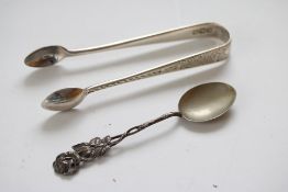 Silver tongs & silver spoon