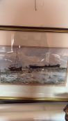 Signed watercolour and ink coastal scene with boats, framed, signed A Johnson (44cm x 59cm including