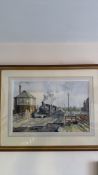 Steam locomotive at a level crossing signed Eric Thompson (60.5cm x 78cm including frame)
